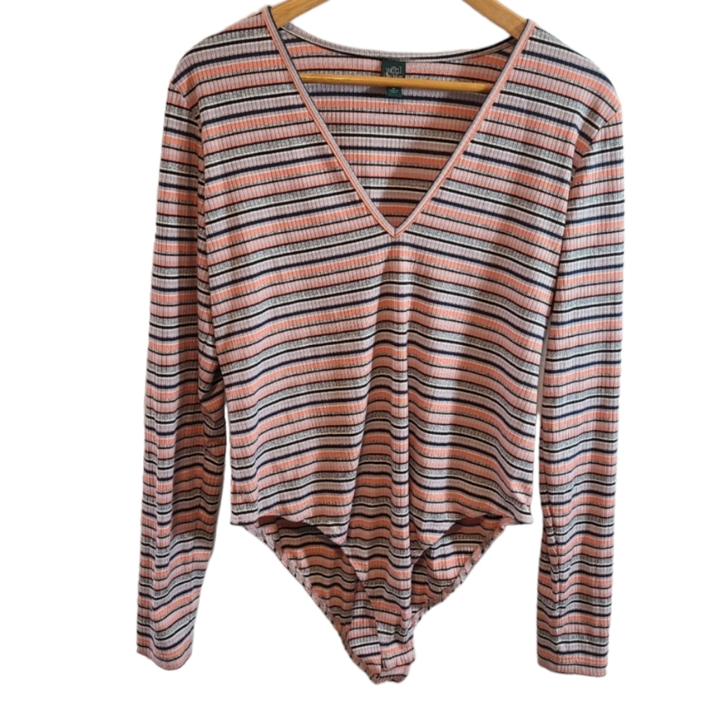 Wild Fable Strip V-neck Long Sleeve Bodysuit Top